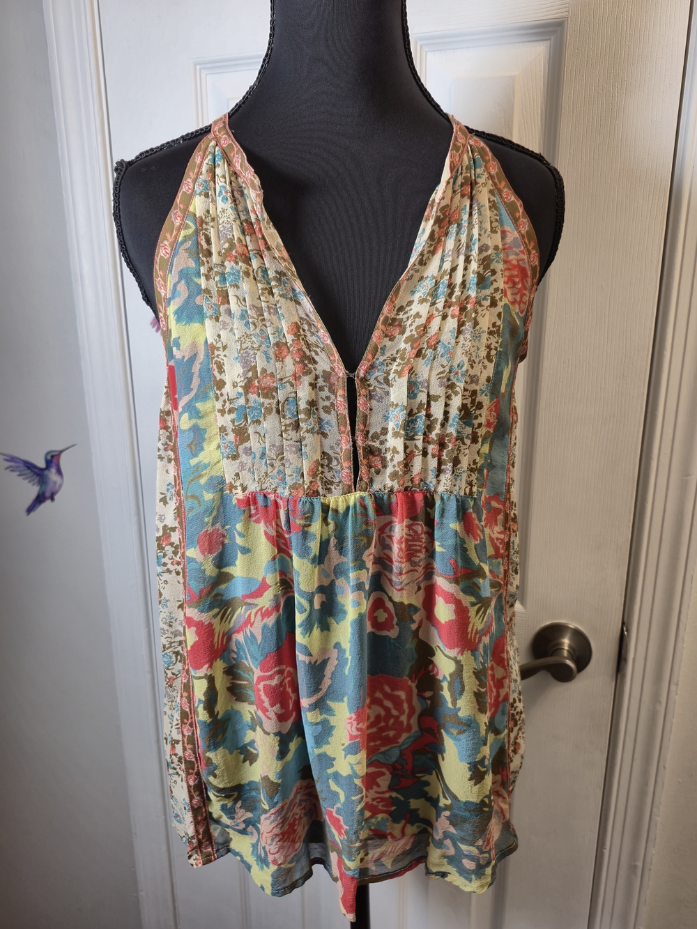 JOIE 100% Silk Patchwork Floral Mixed Print Pleated Halter Tank Blouse M - Picture 4 of 6